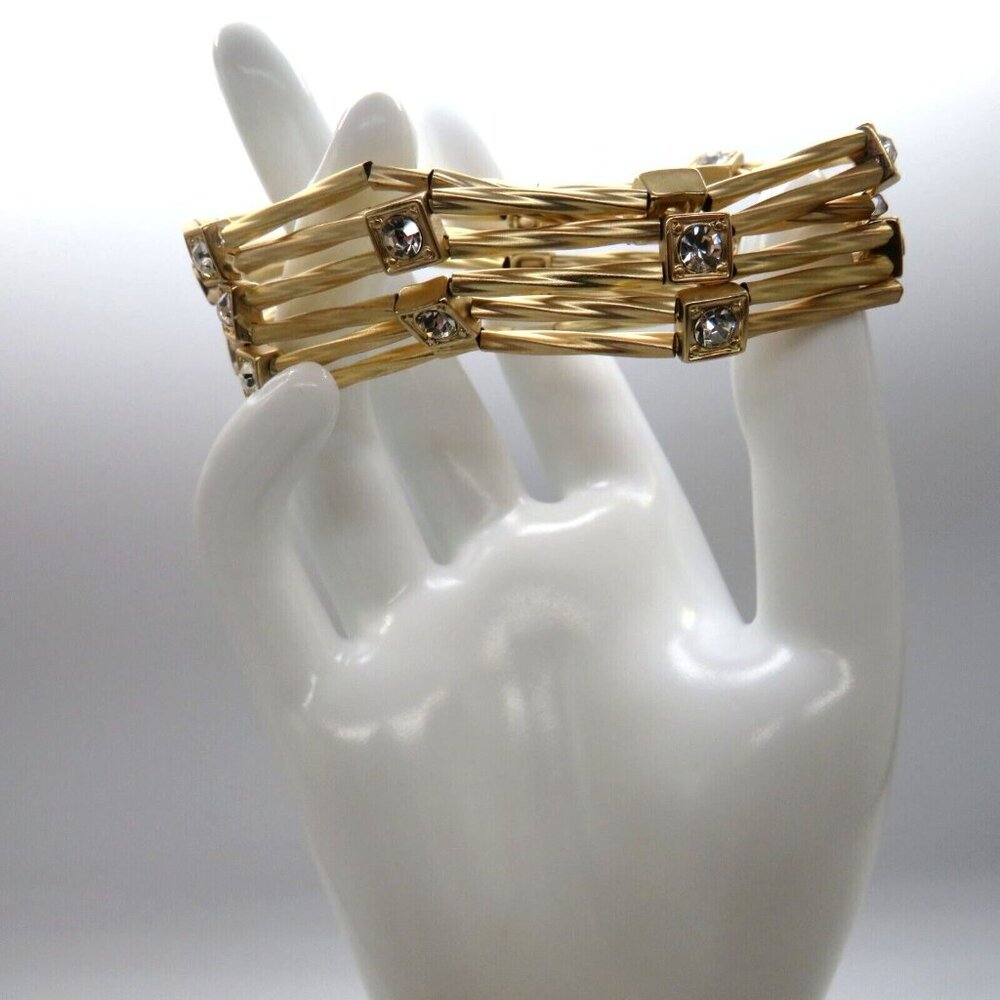 Brushed Gold Tone Stretch Bracelet Six Multi Strand Square Rhinestone Encrusted‎